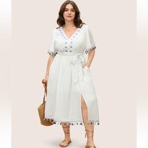 BloomChic Plus Size Lace Collar Woven Ribbon Colored Tassel Trim Belted Dress